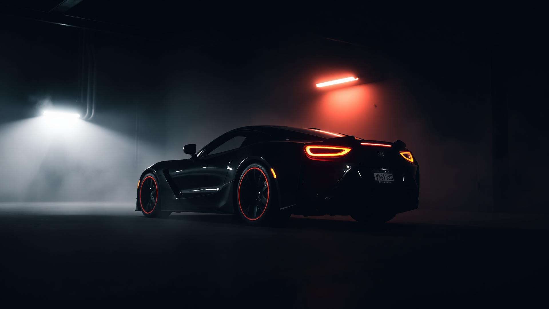 Voiture de sport dans un garage sombre